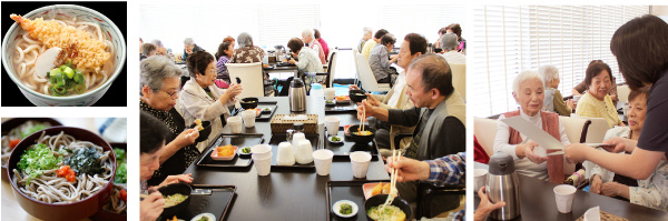 手打ちうどんとそばを食べておられる様子と卆寿の表彰の様子