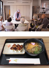 スタッフが蕎麦を打つ様子と有名店「深清」の穴子箱寿司